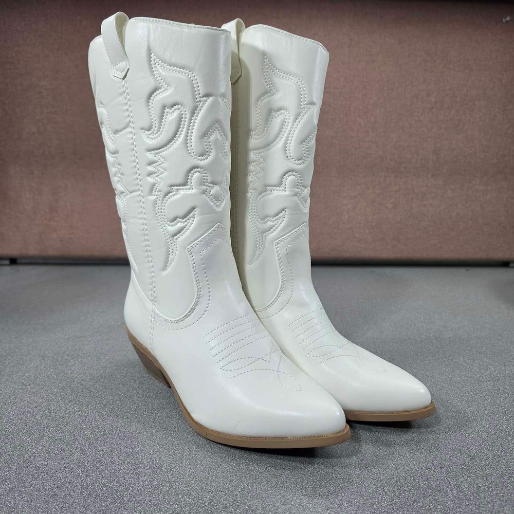 Western Cowgirl Boots Womens 9 White Excellent Embroidered Mid-Calf Soda